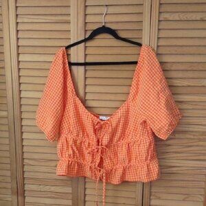 Louna Orange Gingham Print Square Off Shoulder Neckline Puffy Sleeve Tie Top L
